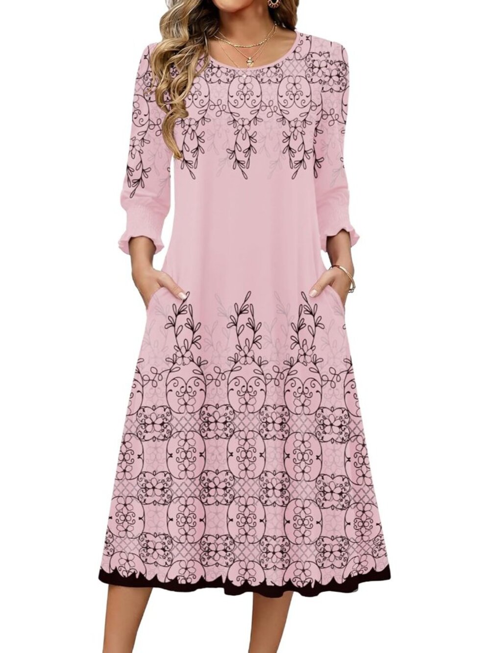 2026 Women's Floral Midi Dress – Casual, Plus Size, 3/4 Sleeve, Pockets